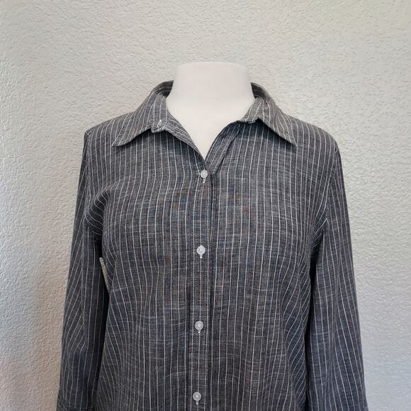 Talbots Gray Pin Stripe Linen Blend Button Down Size M - Picture 2 of 11